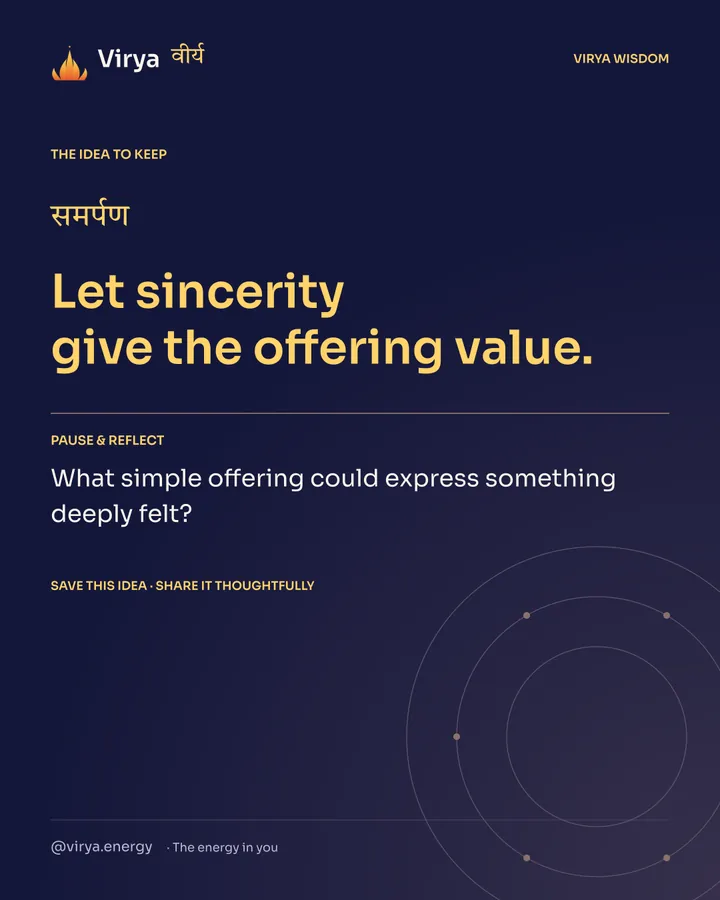 Indigo Virya closing card. Let sincerity give the offering value. Reflection question: What simple offering could express something deeply felt?