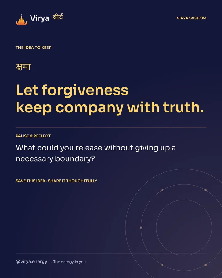 Indigo Virya closing card. Let forgiveness keep company with truth. Reflection question: What could you release without giving up a necessary boundary?