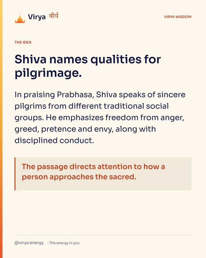 Shiva names qualities for pilgrimage. In praising Prabhasa, Shiva speaks of sincere pilgrims from different traditional social groups. He emphasizes freedom from anger, greed, pretence and envy, along with disciplined conduct. The passage directs attention to how a person approaches the sacred.