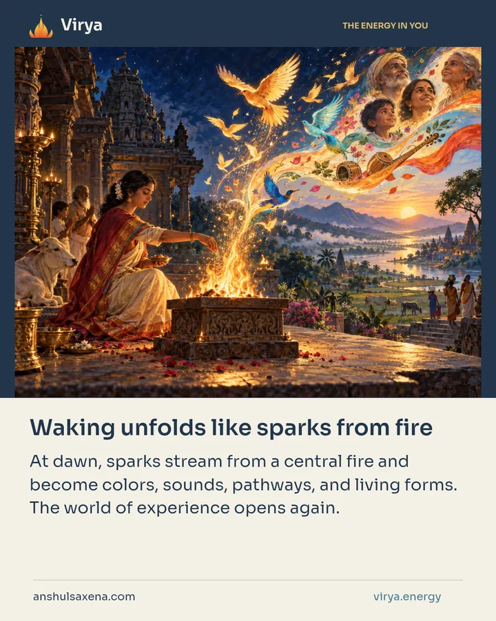 Waking unfolds like sparks from fire, card 4 of 7