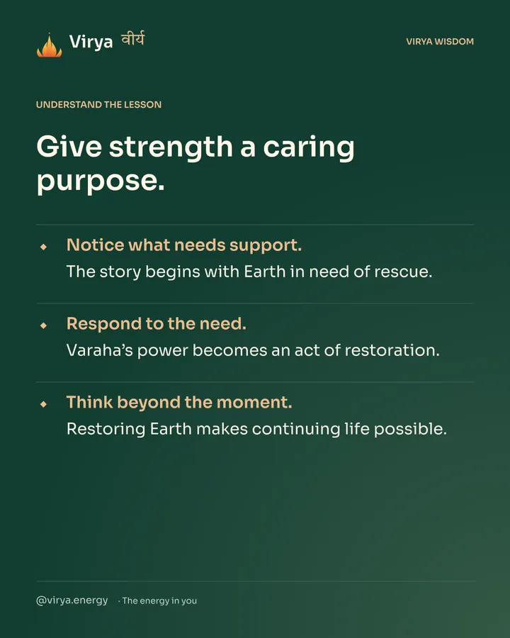 Forest-green Virya card. Give strength a caring purpose. Notice what needs support. The story begins with Earth in need of rescue. Respond to the need. Varaha’s power becomes an act of restoration. Think beyond the moment. Restoring Earth makes continuing life possible.