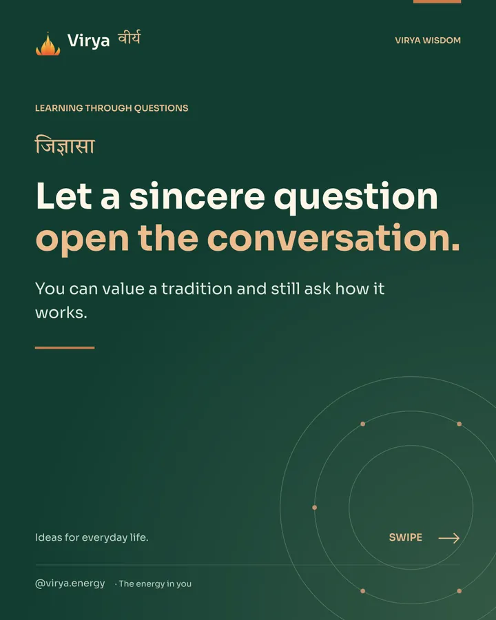 Forest-green Virya cover with a gold full-lotus mark. Let a sincere question open the conversation. You can value a tradition and still ask how it works.