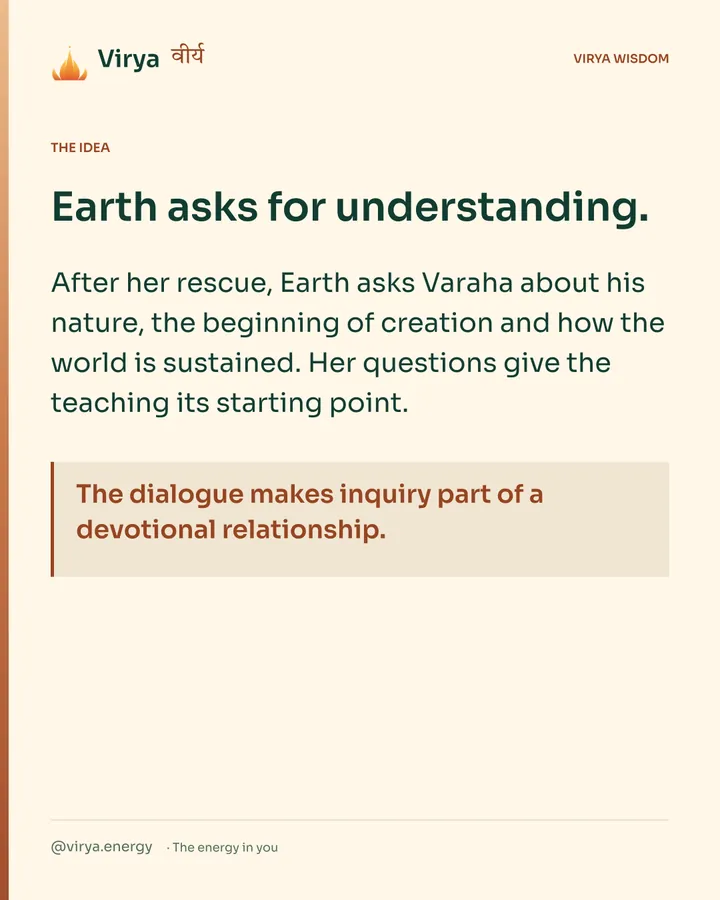 Warm-ivory Virya card. Earth asks for understanding. After her rescue, Earth asks Varaha about his nature, the beginning of creation and how the world is sustained. Her questions give the teaching its starting point. The dialogue makes inquiry part of a devotional relationship.