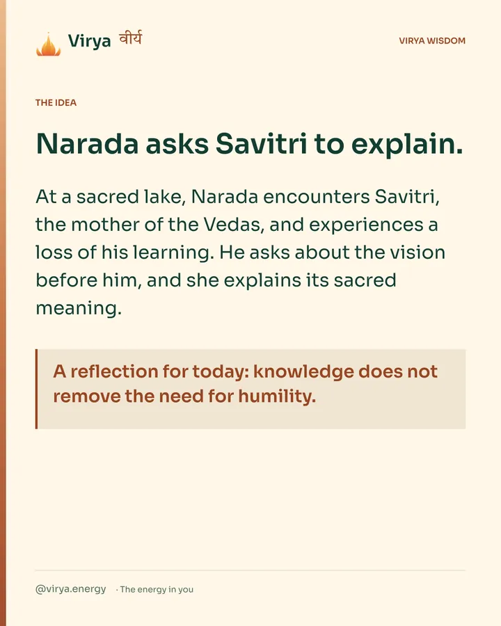 Warm-ivory Virya card. Narada asks Savitri to explain. At a sacred lake, Narada encounters Savitri, the mother of the Vedas, and experiences a loss of his learning. He asks about the vision before him, and she explains its sacred meaning. A reflection for today: knowledge does not remove the need for humility.