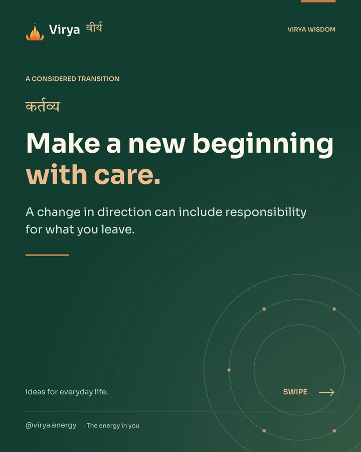 Forest-green Virya cover with a gold full-lotus mark. Make a new beginning with care. A change in direction can include responsibility for what you leave.
