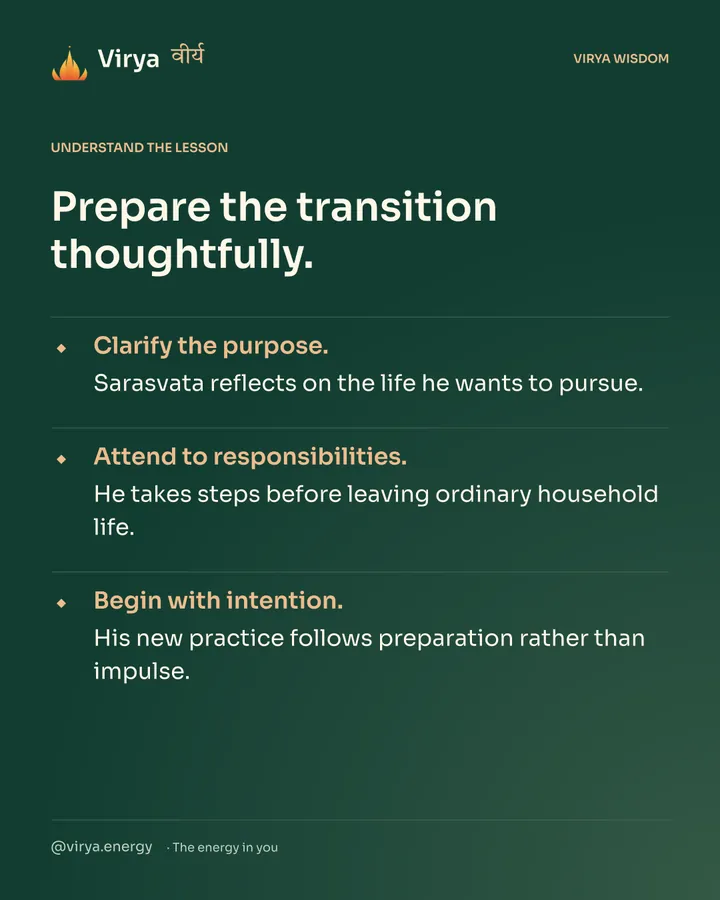 Forest-green Virya card. Prepare the transition thoughtfully. Clarify the purpose. Sarasvata reflects on the life he wants to pursue. Attend to responsibilities. He takes steps before leaving ordinary household life. Begin with intention. His new practice follows preparation rather than impulse.