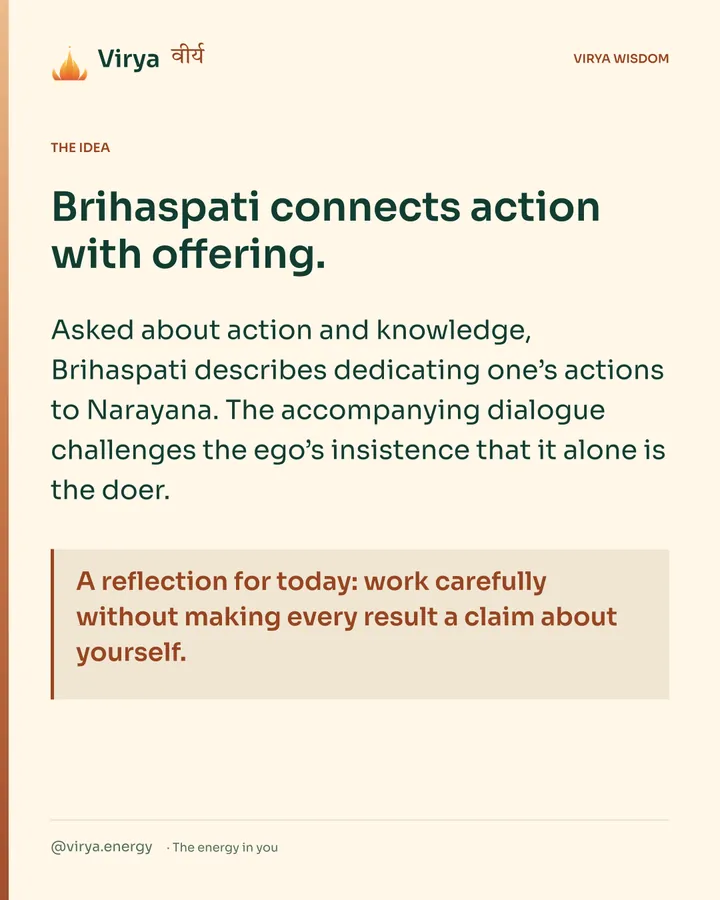 Warm-ivory Virya card. Brihaspati connects action with offering. Asked about action and knowledge, Brihaspati describes dedicating one’s actions to Narayana. The accompanying dialogue challenges the ego’s insistence that it alone is the doer. A reflection for today: work carefully without making every result a claim about yourself.