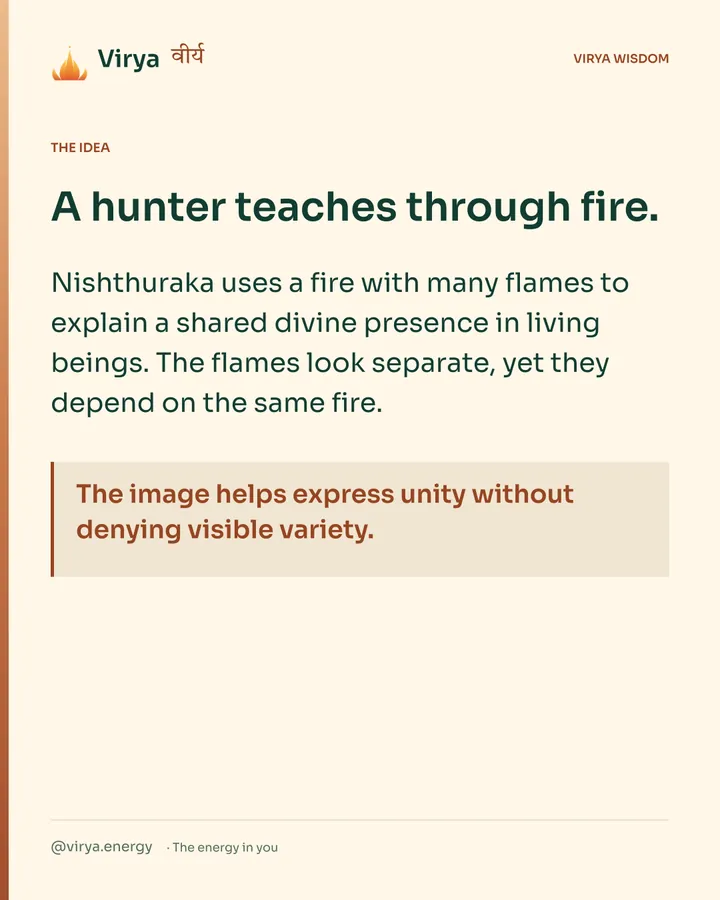 Warm-ivory Virya card. A hunter teaches through fire. Nishthuraka uses a fire with many flames to explain a shared divine presence in living beings. The flames look separate, yet they depend on the same fire. The image helps express unity without denying visible variety.