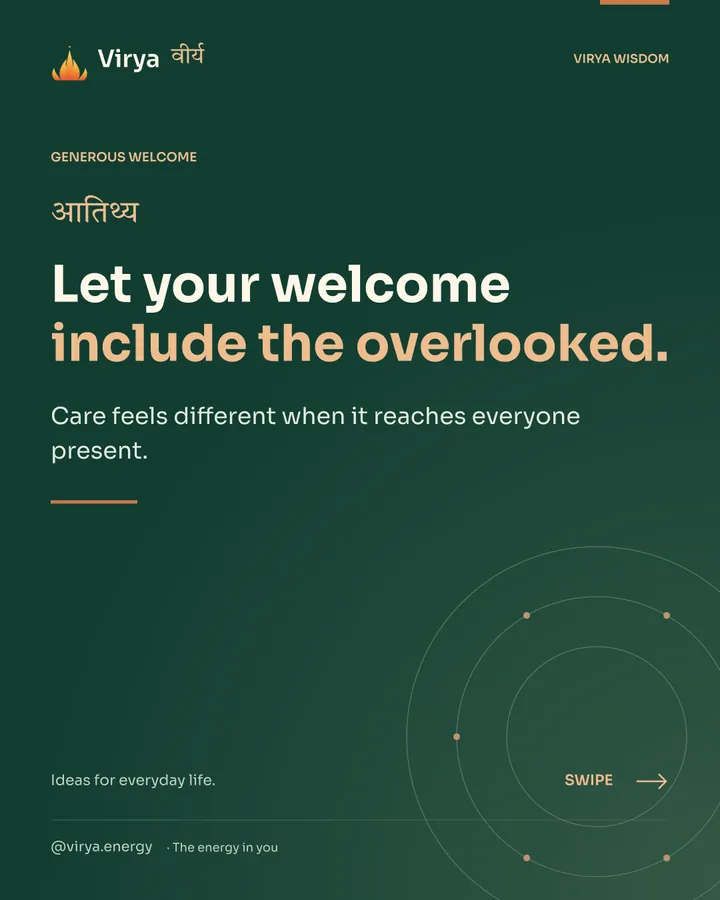 Forest-green Virya cover with a gold full-lotus mark. Let your welcome include the overlooked. Care feels different when it reaches everyone present.
