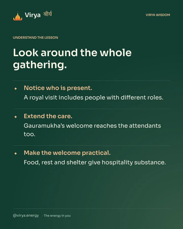 Forest-green Virya card. Look around the whole gathering. Notice who is present. A royal visit includes people with different roles. Extend the care. Gauramukha’s welcome reaches the attendants too. Make the welcome practical. Food, rest and shelter give hospitality substance.