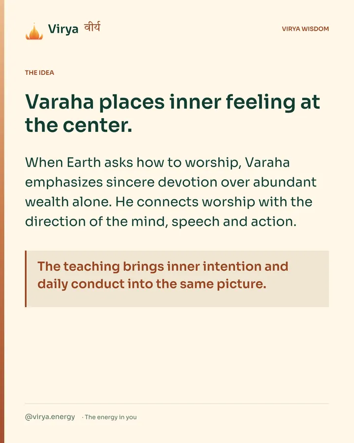 Warm-ivory Virya card. Varaha places inner feeling at the center. When Earth asks how to worship, Varaha emphasizes sincere devotion over abundant wealth alone. He connects worship with the direction of the mind, speech and action. The teaching brings inner intention and daily conduct into the same picture.