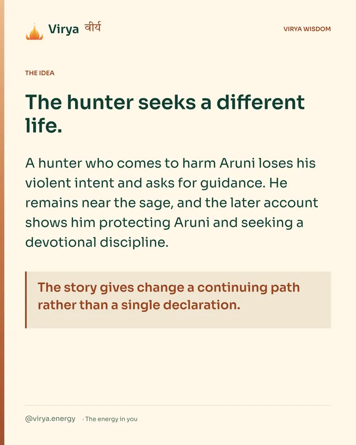 Warm-ivory Virya card. The hunter seeks a different life. A hunter who comes to harm Aruni loses his violent intent and asks for guidance. He remains near the sage, and the later account shows him protecting Aruni and seeking a devotional discipline. The story gives change a continuing path rather than a single declaration.
