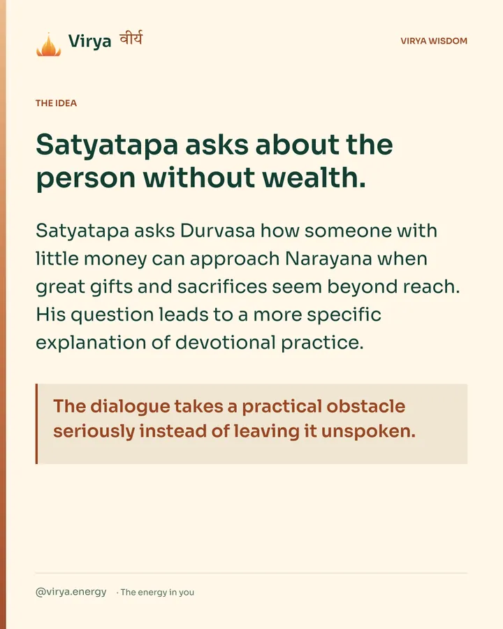 Warm-ivory Virya card. Satyatapa asks about the person without wealth. Satyatapa asks Durvasa how someone with little money can approach Narayana when great gifts and sacrifices seem beyond reach. His question leads to a more specific explanation of devotional practice. The dialogue takes a practical obstacle seriously instead of leaving it unspoken.