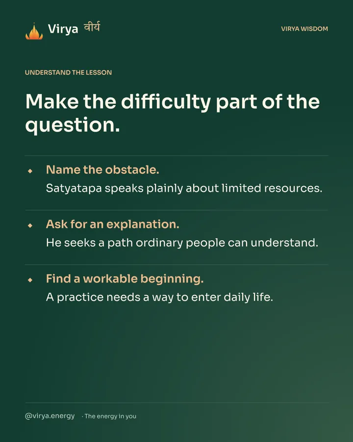 Forest-green Virya card. Make the difficulty part of the question. Name the obstacle. Satyatapa speaks plainly about limited resources. Ask for an explanation. He seeks a path ordinary people can understand. Find a workable beginning. A practice needs a way to enter daily life.