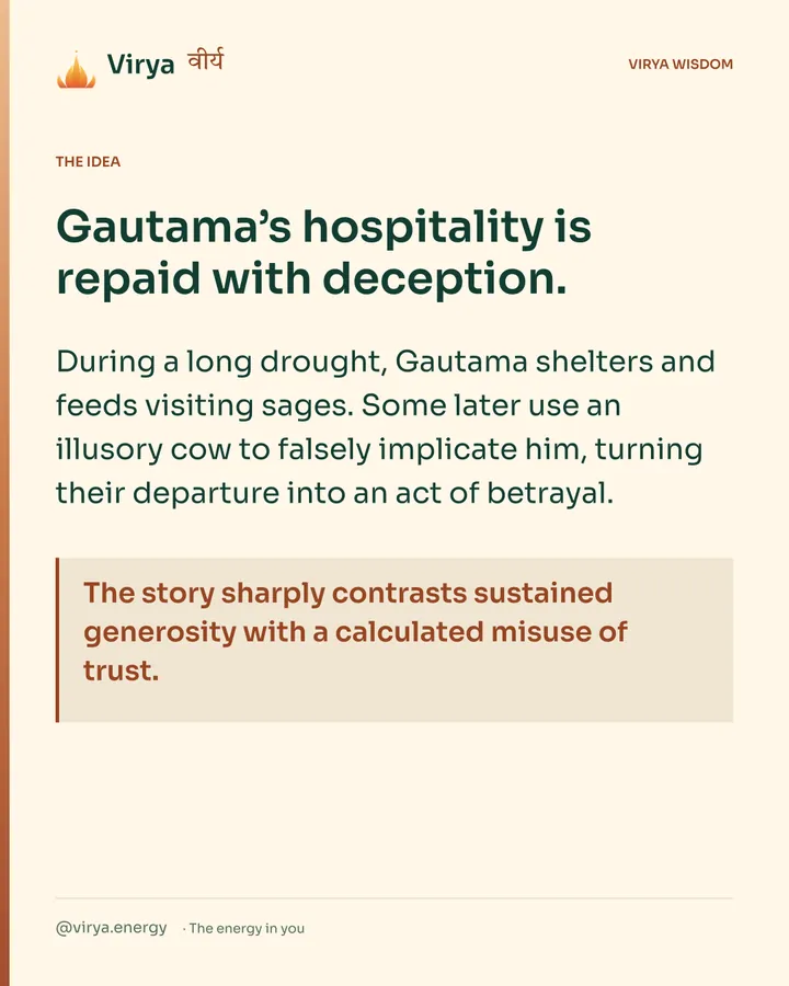 Warm-ivory Virya card. Gautama’s hospitality is repaid with deception. During a long drought, Gautama shelters and feeds visiting sages. Some later use an illusory cow to falsely implicate him, turning their departure into an act of betrayal. The story sharply contrasts sustained generosity with a calculated misuse of trust.