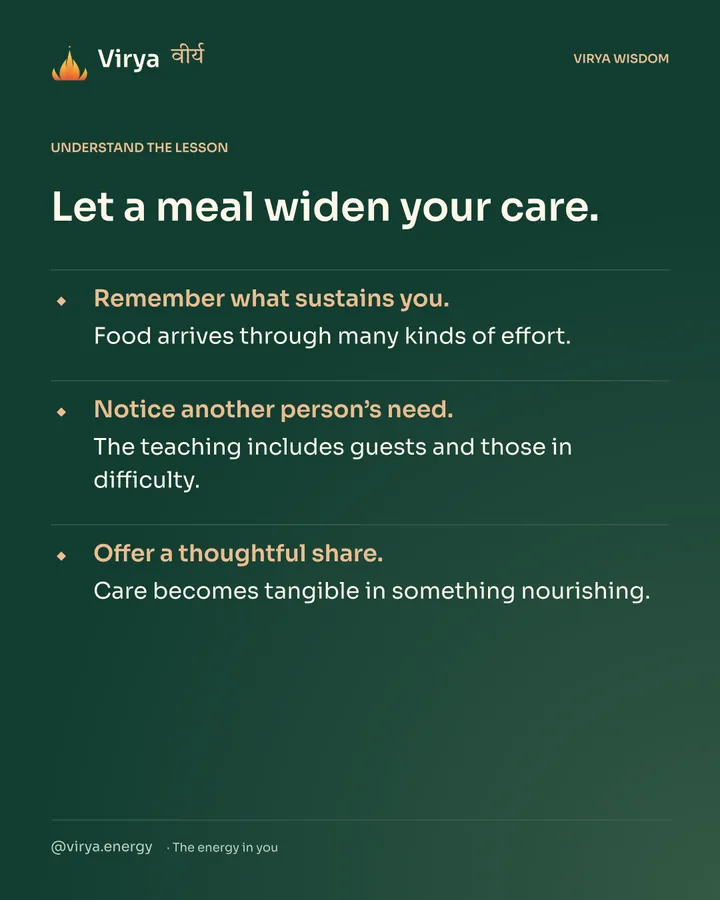 Forest-green Virya card. Let a meal widen your care. Remember what sustains you. Food arrives through many kinds of effort. Notice another person’s need. The teaching includes guests and those in difficulty. Offer a thoughtful share. Care becomes tangible in something nourishing.