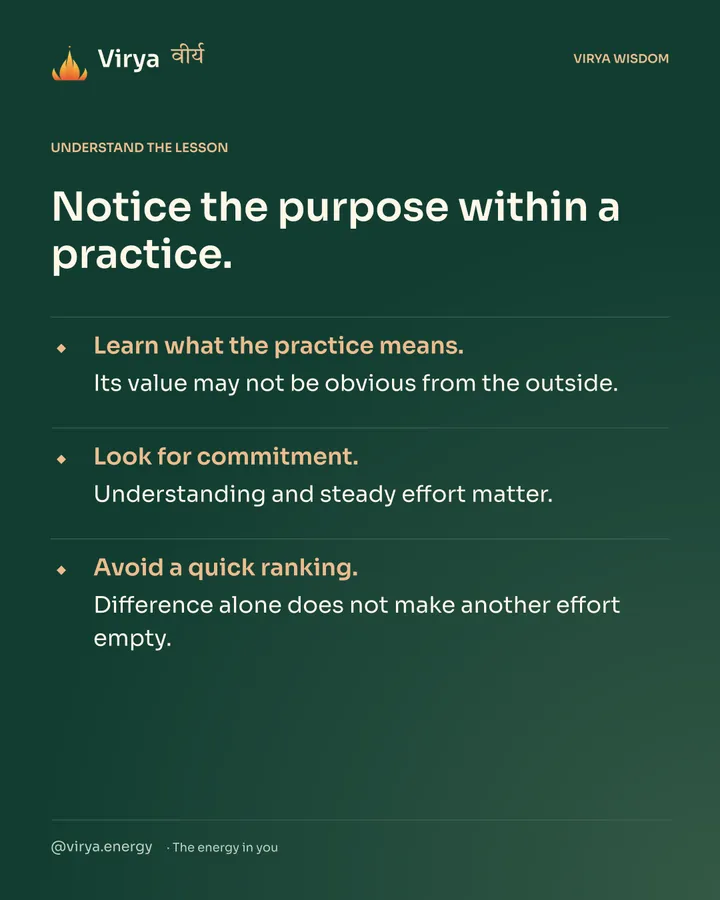 Forest-green Virya card. Notice the purpose within a practice. Learn what the practice means. Its value may not be obvious from the outside. Look for commitment. Understanding and steady effort matter. Avoid a quick ranking. Difference alone does not make another effort empty.