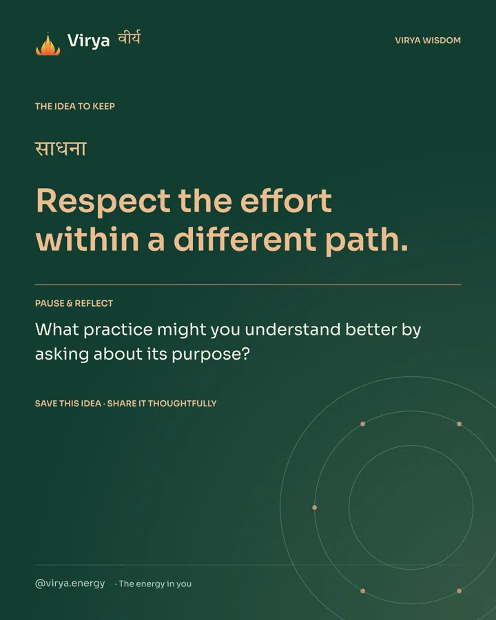 Forest-green Virya closing card. Respect the effort within a different path. Reflection question: What practice might you understand better by asking about its purpose?