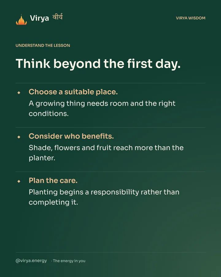 Forest-green Virya card. Think beyond the first day. Choose a suitable place. A growing thing needs room and the right conditions. Consider who benefits. Shade, flowers and fruit reach more than the planter. Plan the care. Planting begins a responsibility rather than completing it.