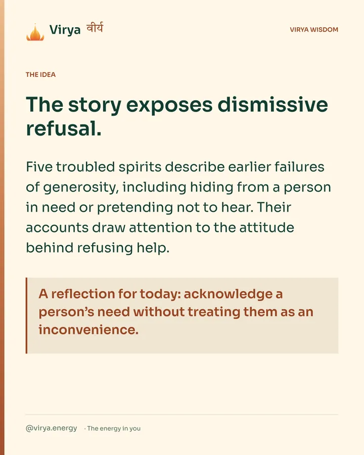 Warm-ivory Virya card. The story exposes dismissive refusal. Five troubled spirits describe earlier failures of generosity, including hiding from a person in need or pretending not to hear. Their accounts draw attention to the attitude behind refusing help. A reflection for today: acknowledge a person’s need without treating them as an inconvenience.