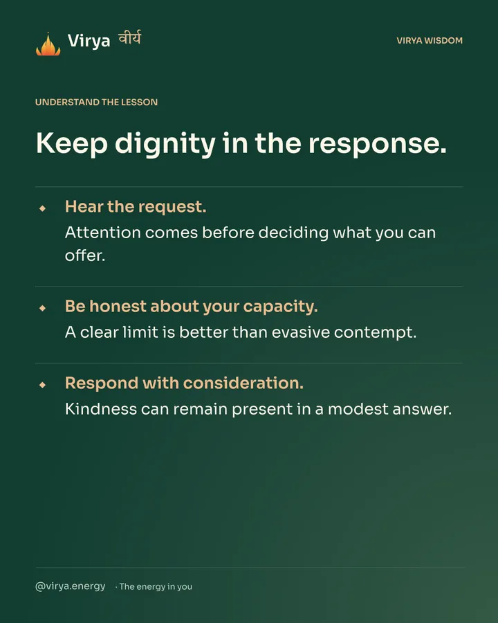 Forest-green Virya card. Keep dignity in the response. Hear the request. Attention comes before deciding what you can offer. Be honest about your capacity. A clear limit is better than evasive contempt. Respond with consideration. Kindness can remain present in a modest answer.