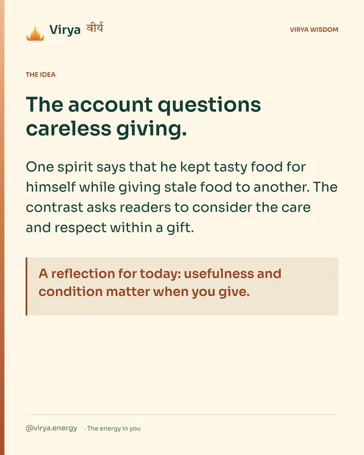 Warm-ivory Virya card. The account questions careless giving. One spirit says that he kept tasty food for himself while giving stale food to another. The contrast asks readers to consider the care and respect within a gift. A reflection for today: usefulness and condition matter when you give.