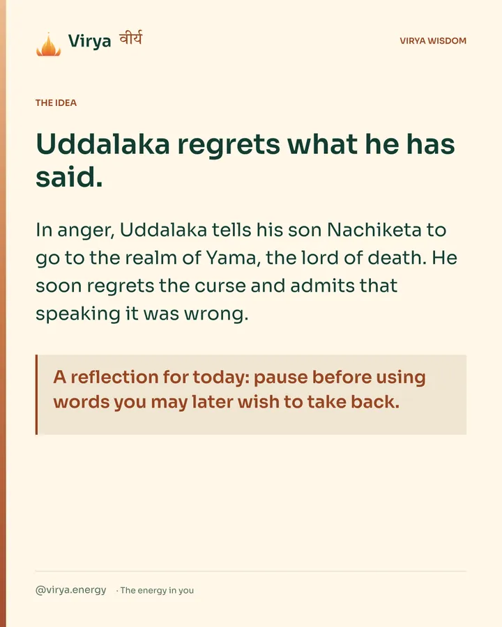 Warm-ivory Virya card. Uddalaka regrets what he has said. In anger, Uddalaka tells his son Nachiketa to go to the realm of Yama, the lord of death. He soon regrets the curse and admits that speaking it was wrong. A reflection for today: pause before using words you may later wish to take back.