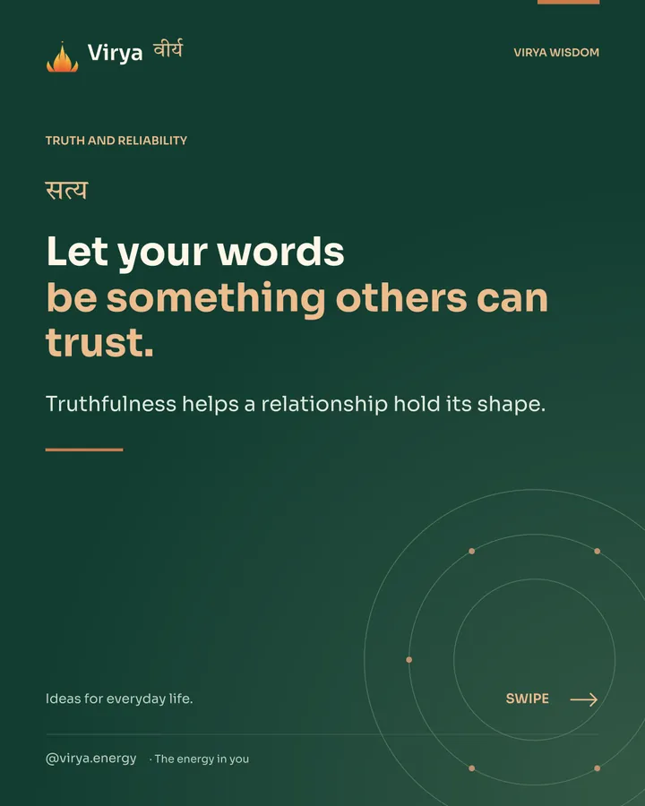 Forest-green Virya cover with a gold full-lotus mark. Let your words be something others can trust. Truthfulness helps a relationship hold its shape.