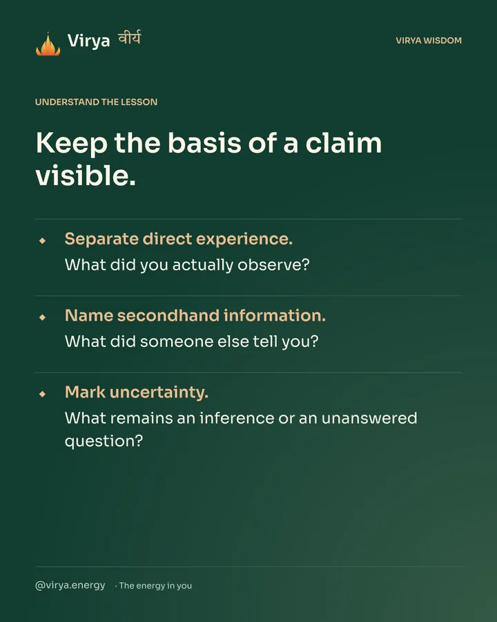 Forest-green Virya card. Keep the basis of a claim visible. Separate direct experience. What did you actually observe? Name secondhand information. What did someone else tell you? Mark uncertainty. What remains an inference or an unanswered question?