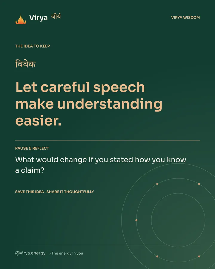 Forest-green Virya closing card. Let careful speech make understanding easier. Reflection question: What would change if you stated how you know a claim?