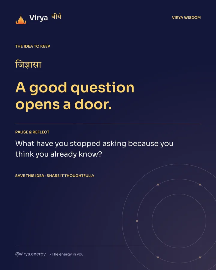 Indigo and gold Virya card. A good question opens a door. Pause and reflect: What have you stopped asking because you think you already know?