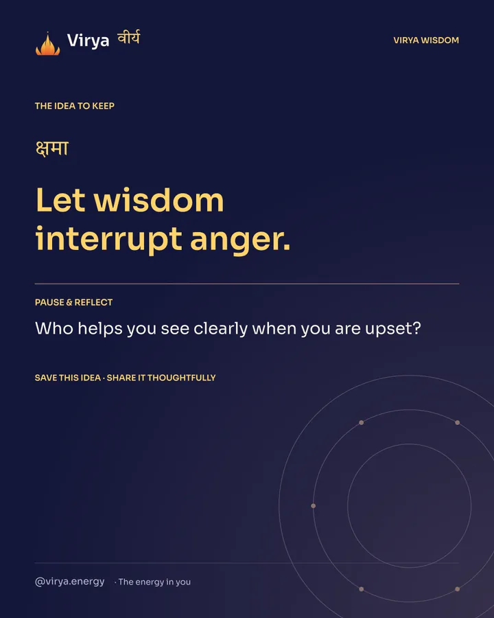 Indigo and gold Virya card. Let wisdom interrupt anger. Pause and reflect: Who helps you see clearly when you are upset?