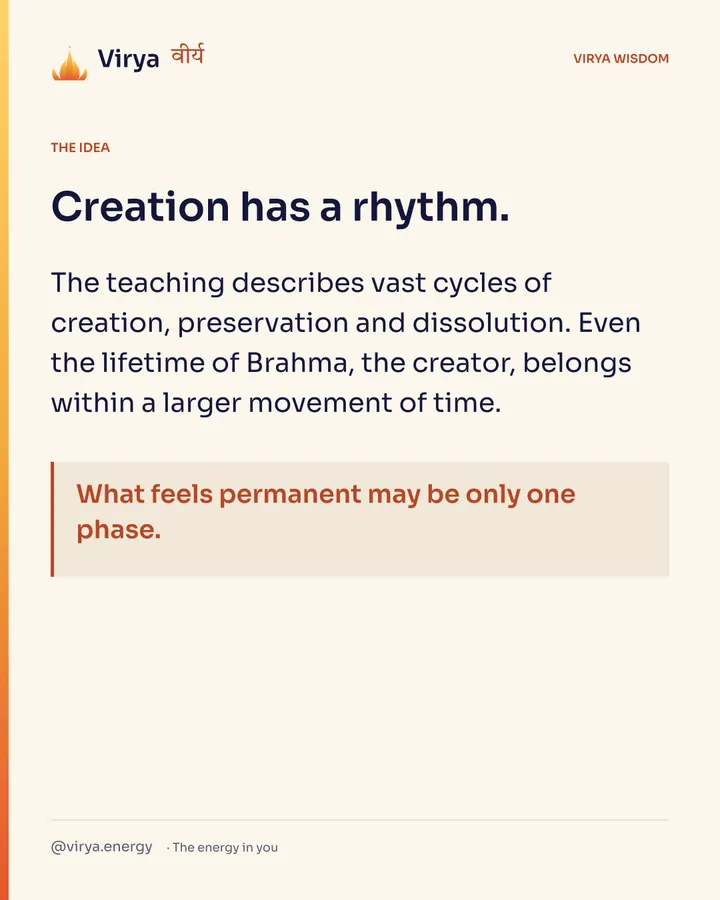 Creation has a rhythm. The teaching describes vast cycles of creation, preservation and dissolution. Even the lifetime of Brahma, the creator, belongs within a larger movement of time. What feels permanent may be only one phase.
