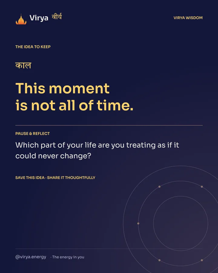 Indigo and gold Virya card. This moment is not all of time. Pause and reflect: Which part of your life are you treating as if it could never change?