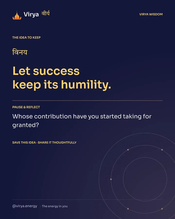 Indigo and gold Virya card. Let success keep its humility. Pause and reflect: Whose contribution have you started taking for granted?