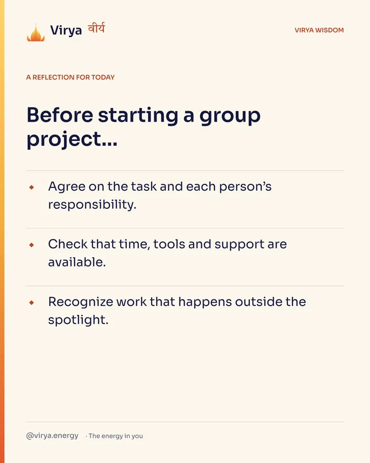 A reflection for today. Before starting a group project… Agree on the task and each person’s responsibility. Check that time, tools and support are available. Recognize work that happens outside the spotlight.