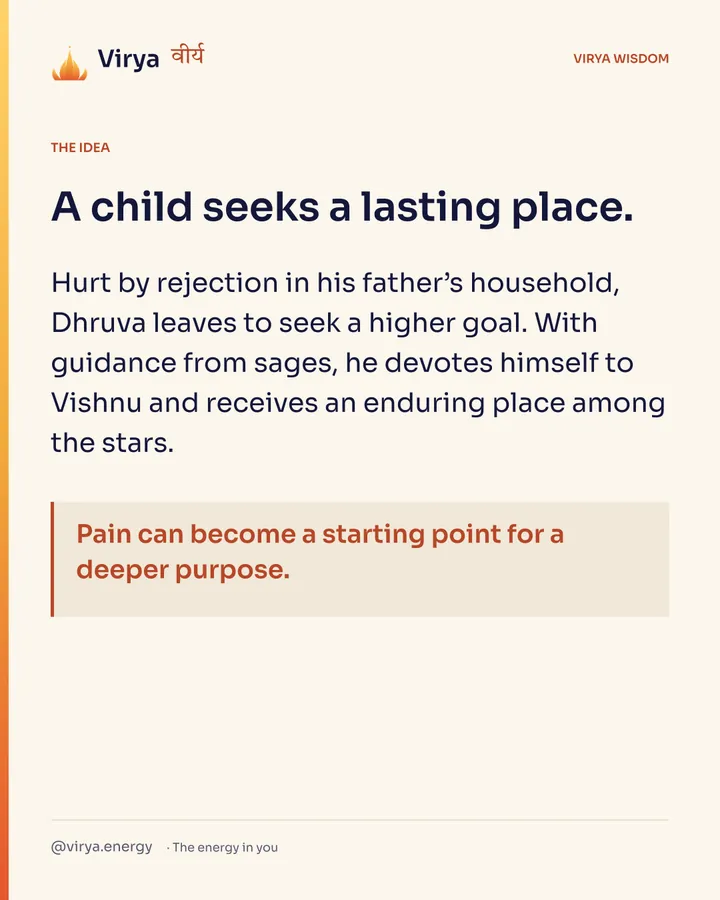 A child seeks a lasting place. Hurt by rejection in his father’s household, Dhruva leaves to seek a higher goal. With guidance from sages, he devotes himself to Vishnu and receives an enduring place among the stars. Pain can become a starting point for a deeper purpose.