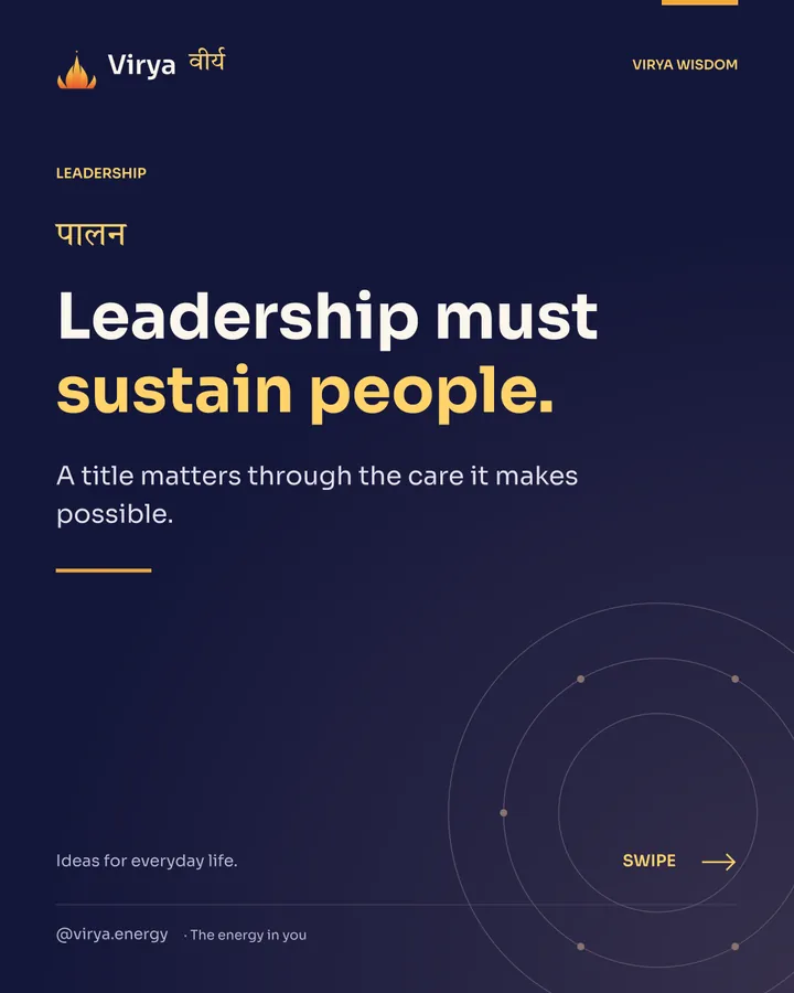 Indigo and gold Virya cover with the full lotus mark. Leadership must sustain people. A title matters through the care it makes possible.