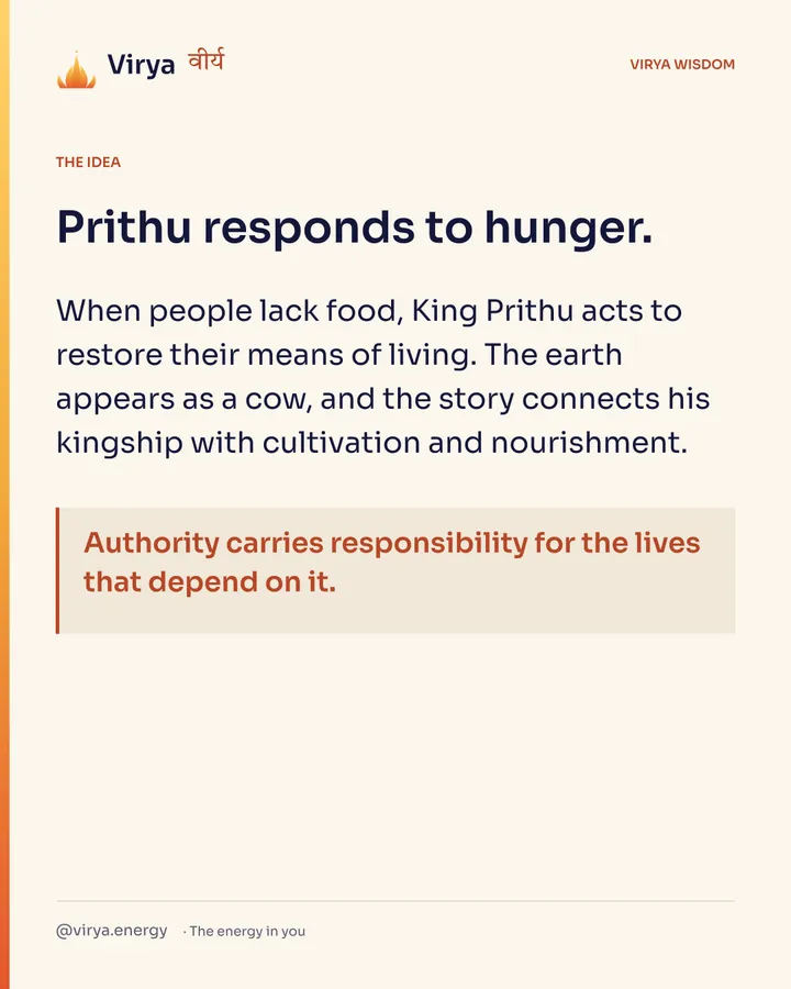 Prithu responds to hunger. When people lack food, King Prithu acts to restore their means of living. The earth appears as a cow, and the story connects his kingship with cultivation and nourishment. Authority carries responsibility for the lives that depend on it.