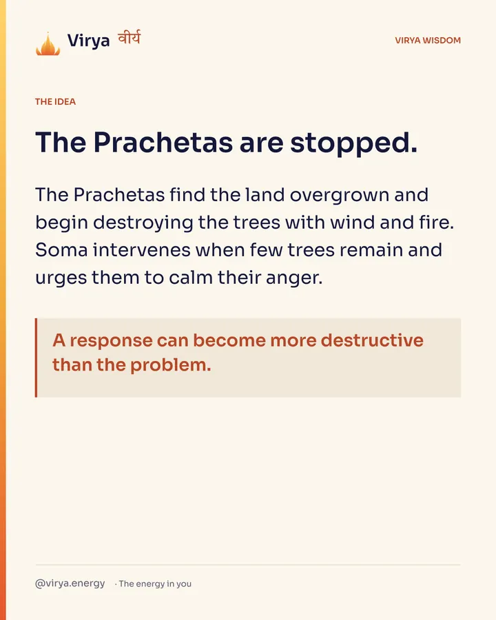 The Prachetas are stopped. The Prachetas find the land overgrown and begin destroying the trees with wind and fire. Soma intervenes when few trees remain and urges them to calm their anger. A response can become more destructive than the problem.