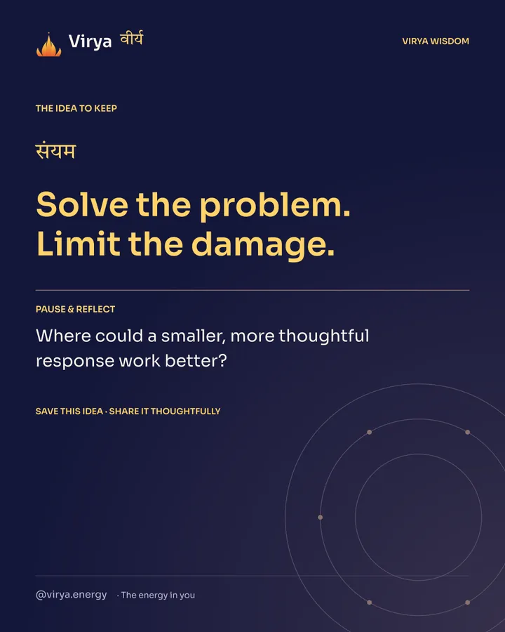 Indigo and gold Virya card. Solve the problem. Limit the damage. Pause and reflect: Where could a smaller, more thoughtful response work better?