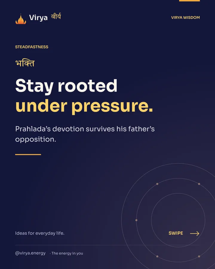 Indigo and gold Virya cover with the full lotus mark. Stay rooted under pressure. Prahlada’s devotion survives his father’s opposition.