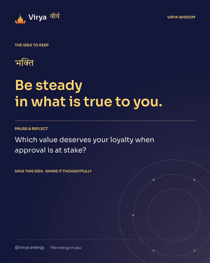 Indigo and gold Virya card. Be steady in what is true to you. Pause and reflect: Which value deserves your loyalty when approval is at stake?