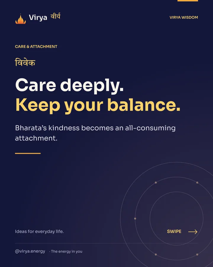 Indigo and gold Virya cover with the full lotus mark. Care deeply. Keep your balance. Bharata’s kindness becomes an all-consuming attachment.