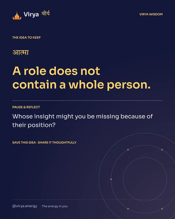 Indigo and gold Virya card. A role does not contain a whole person. Pause and reflect: Whose insight might you be missing because of their position?