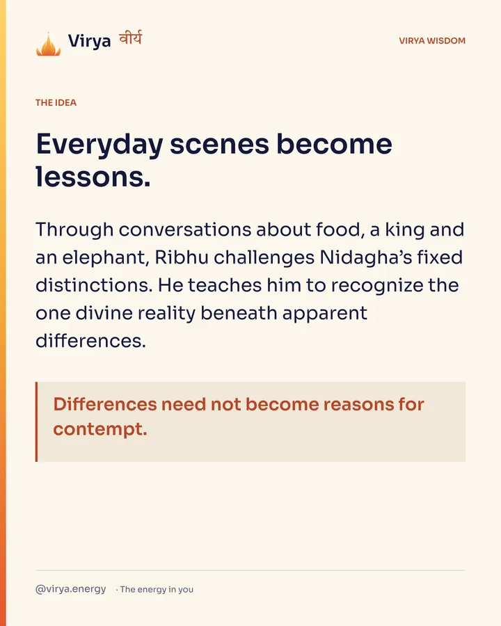 Everyday scenes become lessons. Through conversations about food, a king and an elephant, Ribhu challenges Nidagha’s fixed distinctions. He teaches him to recognize the one divine reality beneath apparent differences. Differences need not become reasons for contempt.