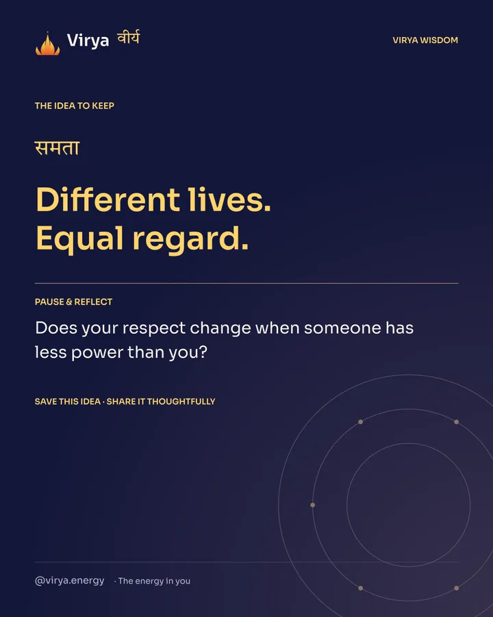 Indigo and gold Virya card. Different lives. Equal regard. Pause and reflect: Does your respect change when someone has less power than you?