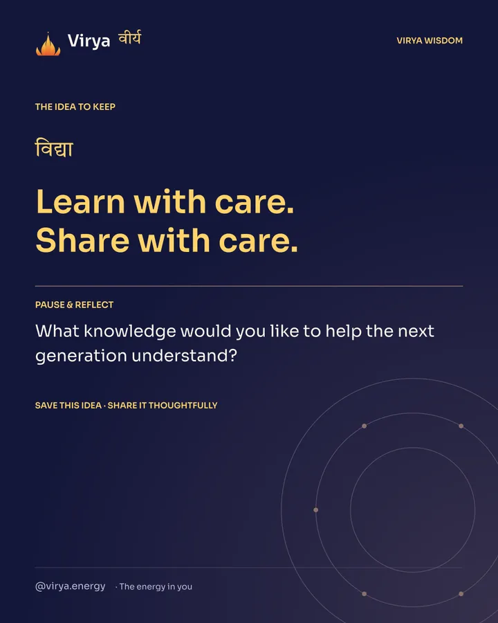 Indigo and gold Virya card. Learn with care. Share with care. Pause and reflect: What knowledge would you like to help the next generation understand?