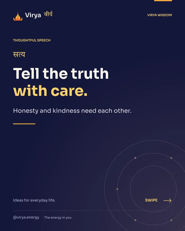 Indigo and gold Virya cover with the full lotus mark. Tell the truth with care. Honesty and kindness need each other.