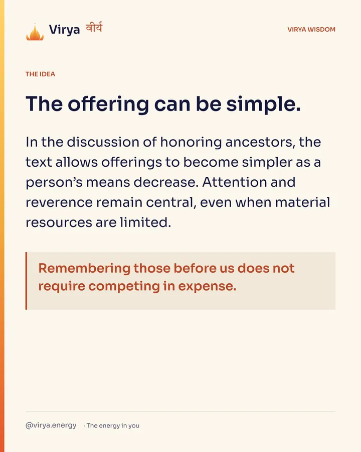 The offering can be simple. In the discussion of honoring ancestors, the text allows offerings to become simpler as a person’s means decrease. Attention and reverence remain central, even when material resources are limited. Remembering those before us does not require competing in expense.